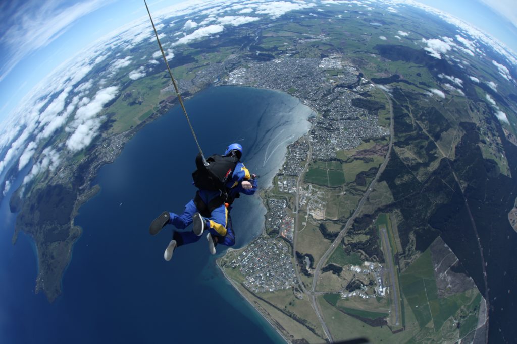 Taupo NZ tandem skydive: birds eye view of Lake Taupo and the town